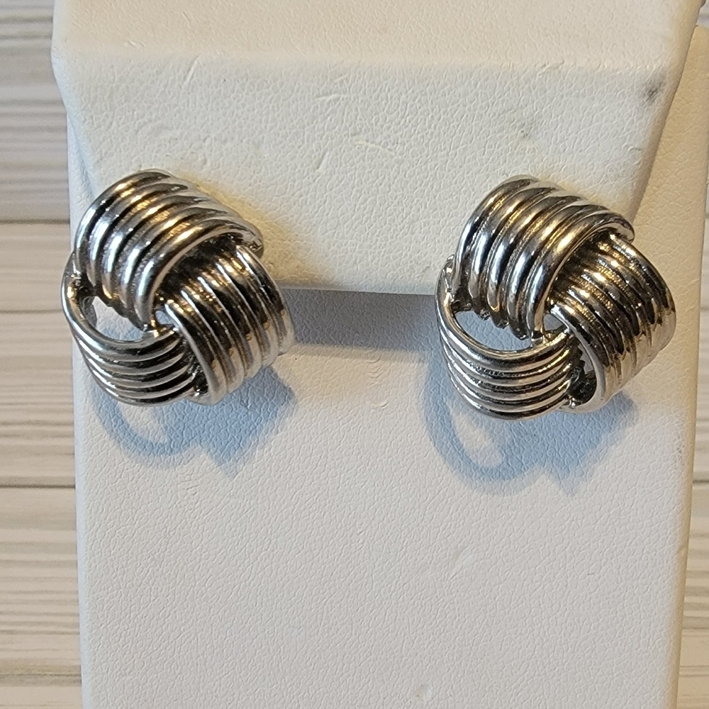 Vintage Silver Tone Ribbed Triple Knot Sculptural Pierced Earrings